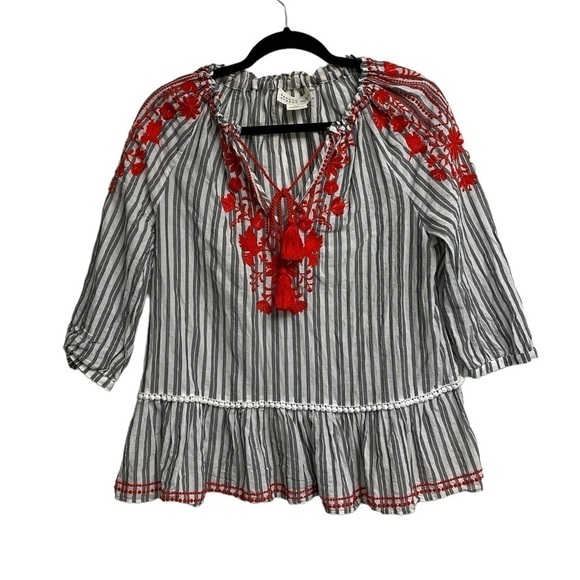 KATE SPADE BROOME STREET Striped Embroidered Peasant Blouse Black White XS - Picture 4 of 9